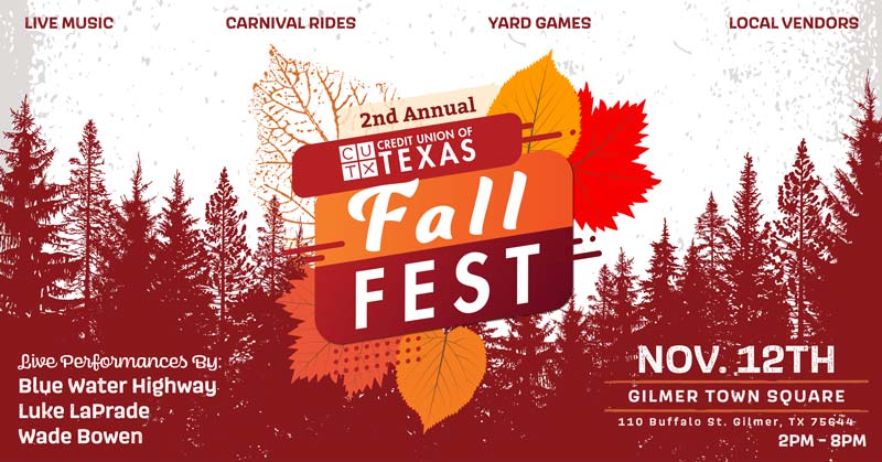 A promotional poster for CUTX's November 11th, 2023 Fall Festival on the Gilmer, Texas Town Square