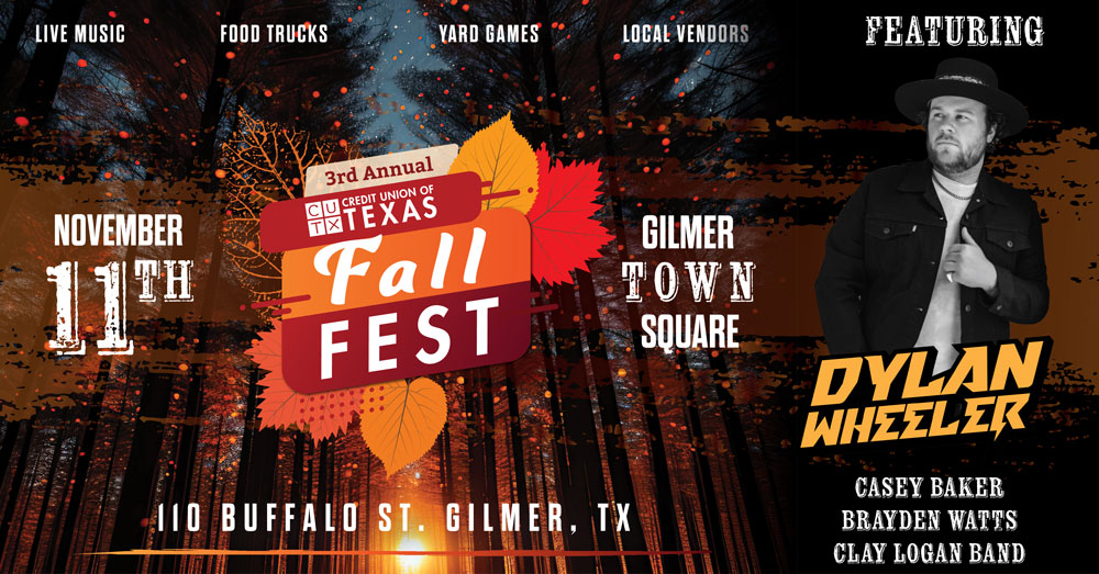 A promotional poster for the CUTX Fall Festival in Gilmer, Texas